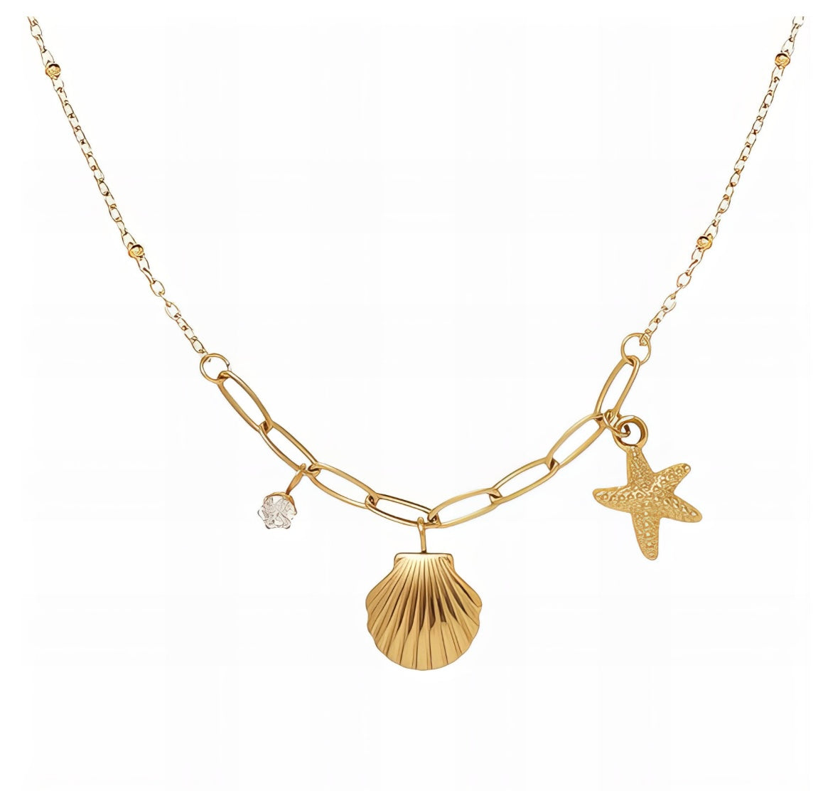Beautiful Necklace with three character charms, seashell, starfish & cubic zirconia 40+5cm. Code 90242