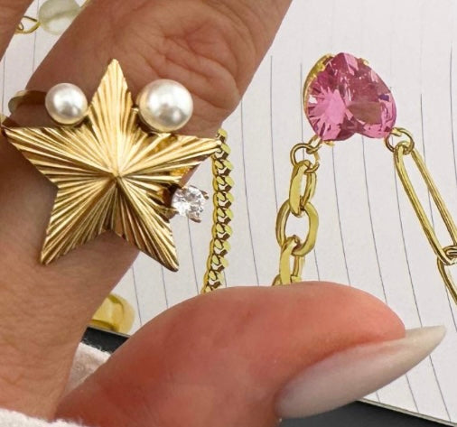 Beautiful star ring inlaid with cubic zirconia & imitation Pearls. Adjustable fit. Code 90131