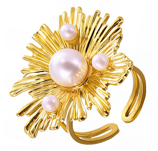 Amazing flower and imitation pearls party ring, stand out in the crowd. Adjustable fit. Code 90211