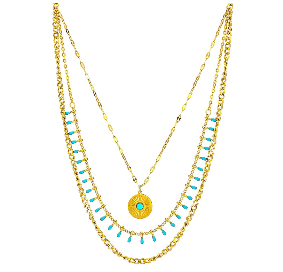 Evil eye necklace with cubic zirconia and blue stone charms attached. Perfect for summer wear. 40/48+6 cm. Code 90705