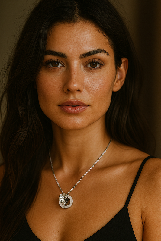 Beautifully intertwined double ring necklace. 41+5 cm. Code 88447