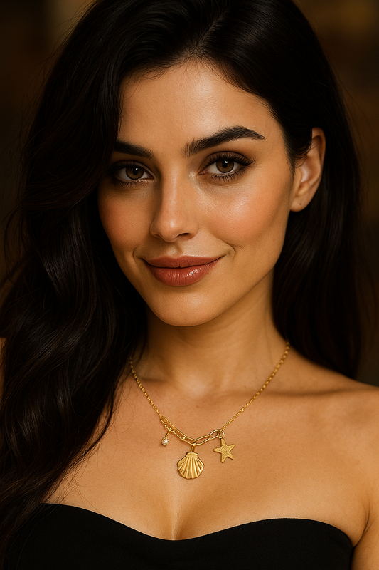 Beautiful Necklace with three character charms, seashell, starfish & cubic zirconia 40+5cm. Code 90242