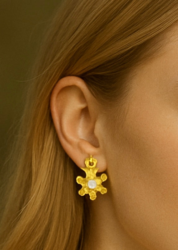 Stylish flower design earrings with imitation pearls & cubic zirconia. 2.5 x 2.2 cm. Code 90166