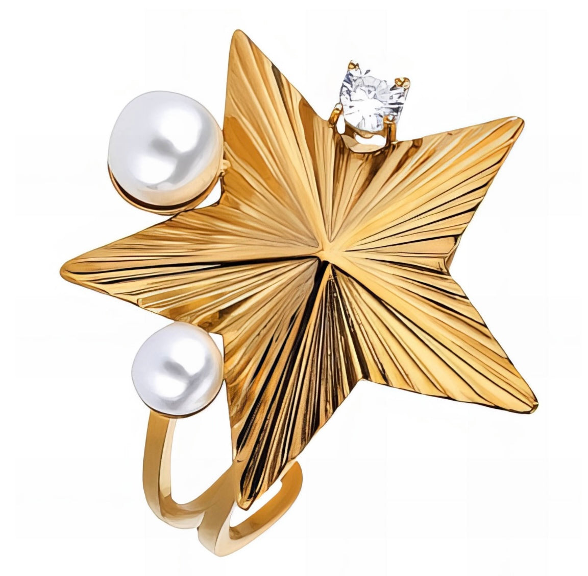 Beautiful star ring inlaid with cubic zirconia & imitation Pearls. Adjustable fit. Code 90131