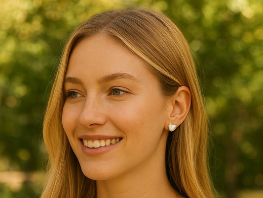 Elegant heart design earrings with pearl effect inlay 1.2 cm. Code 90280