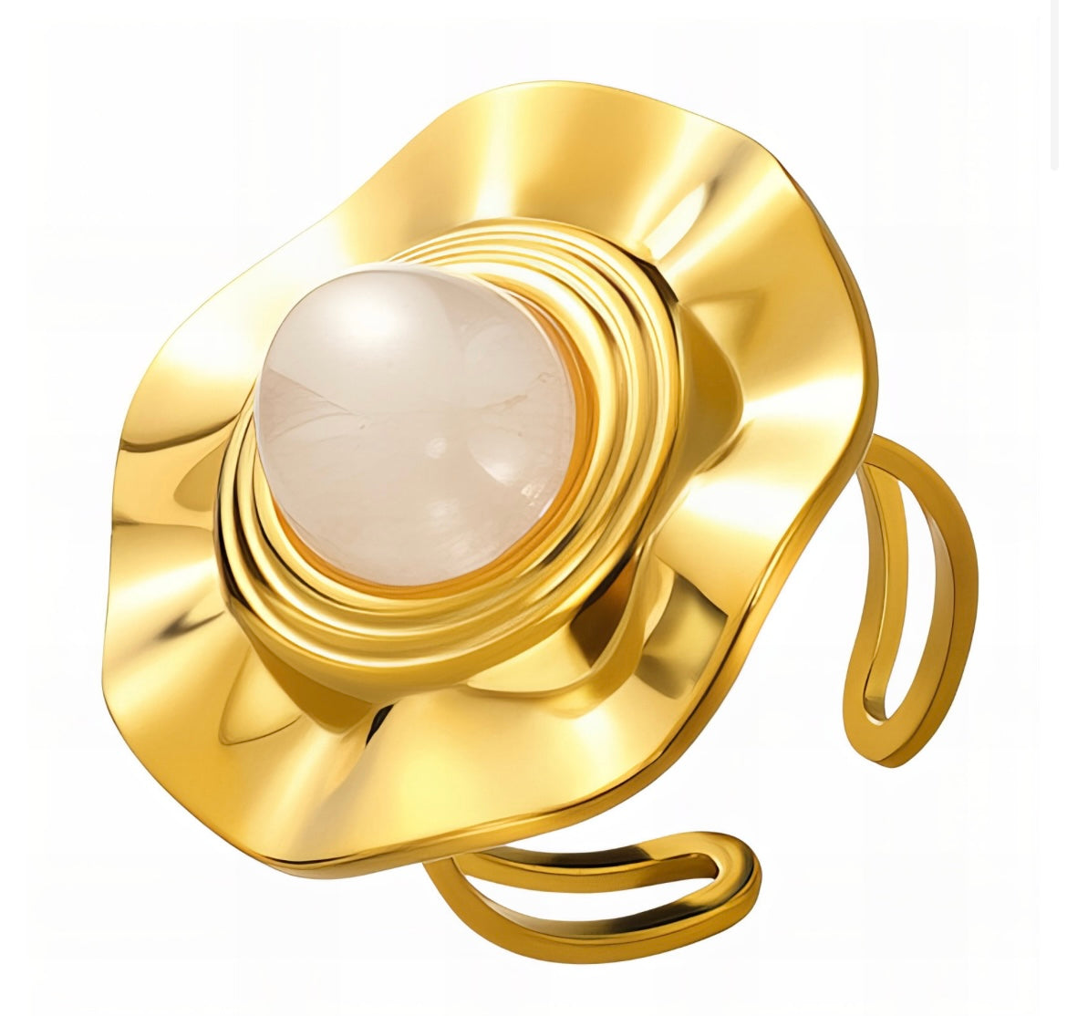 Elegant & stylish flower ring with large pearl inset Adjustable fit. Code 90173