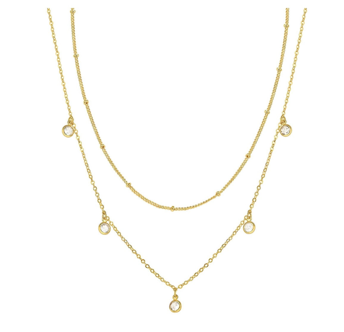 Beautifully designed twin necklace the longer featuring cubic zirconia stones. 38/45+5 cm. Code 87194