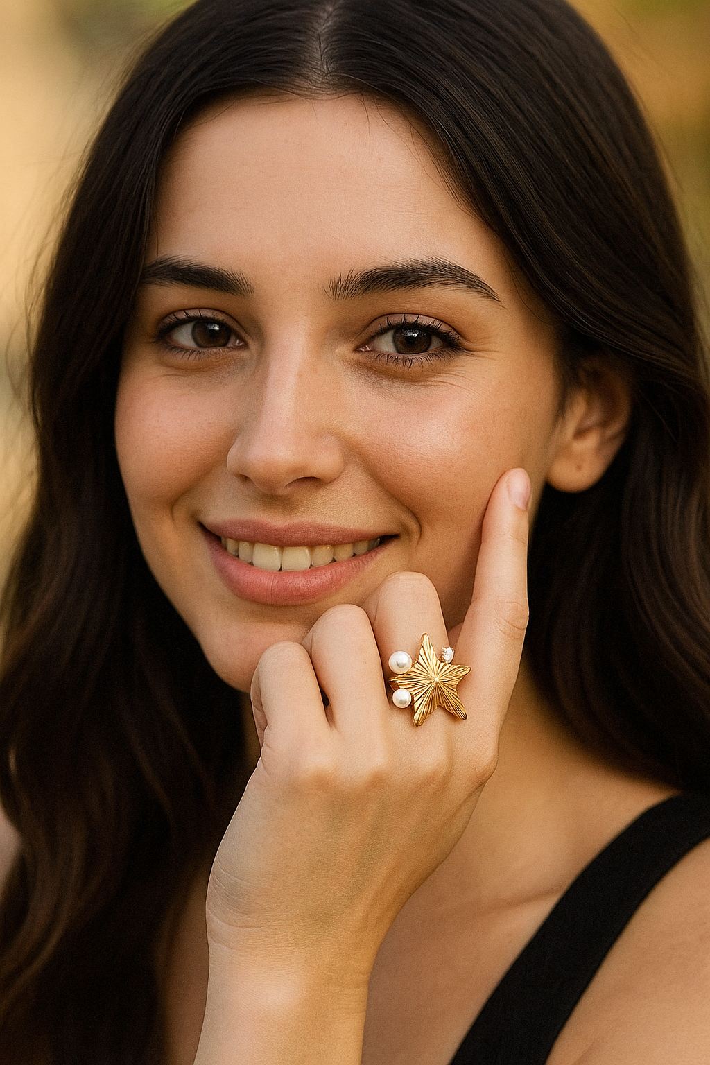 Beautiful star ring inlaid with cubic zirconia & imitation Pearls. Adjustable fit. Code 90131