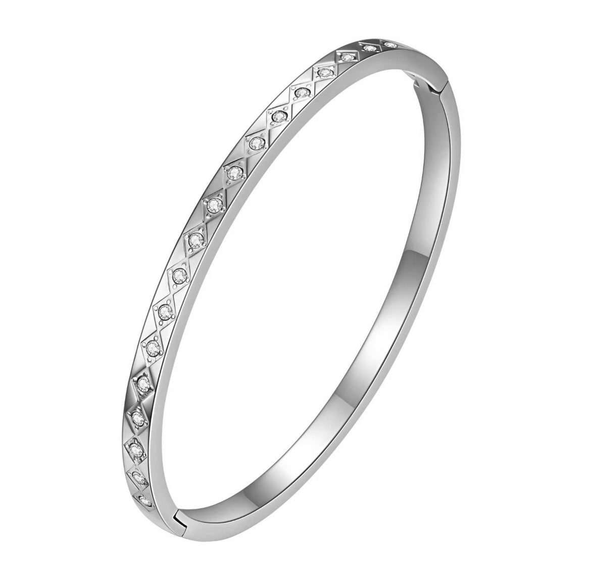 Stainless steel bracelet inlaid with cubic zirconia 6cm diameter. Code 89460