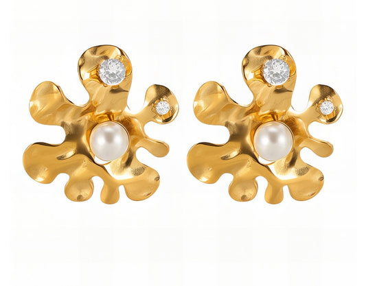 Stylish flower design earrings with imitation pearls & cubic zirconia. 2.5 x 2.2 cm. Code 90166