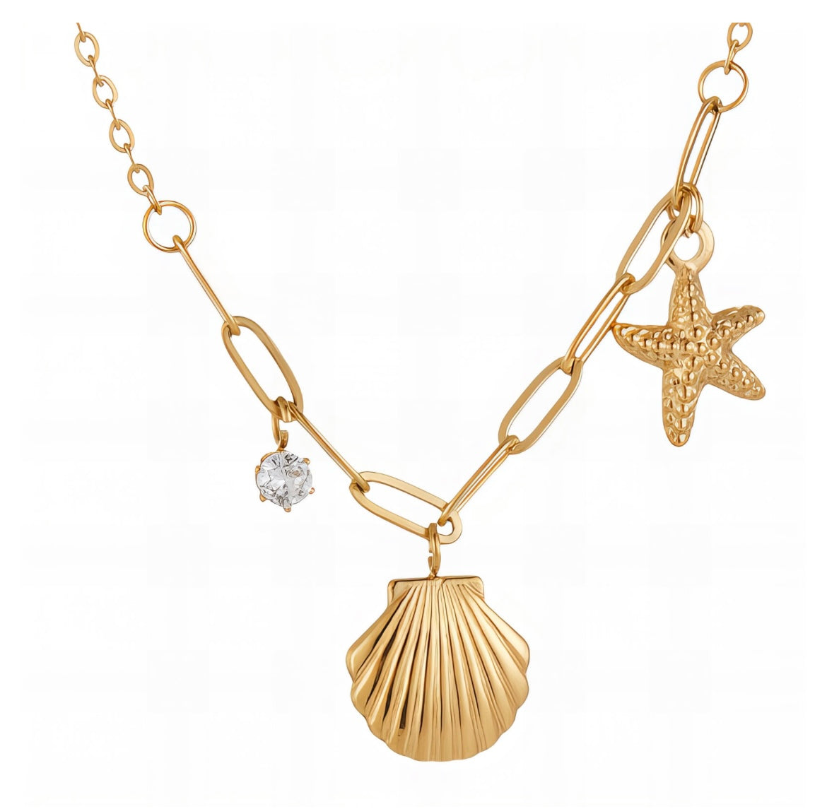 Beautiful Necklace with three character charms, seashell, starfish & cubic zirconia 40+5cm. Code 90242