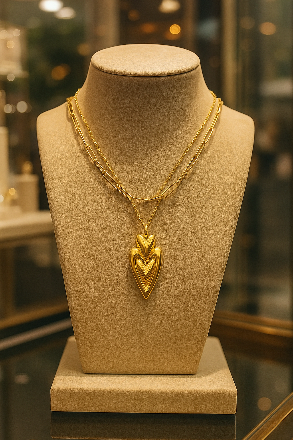 Stylish double designed necklace with beautiful heart shaped pendant. 39+7 cm. Code 90202