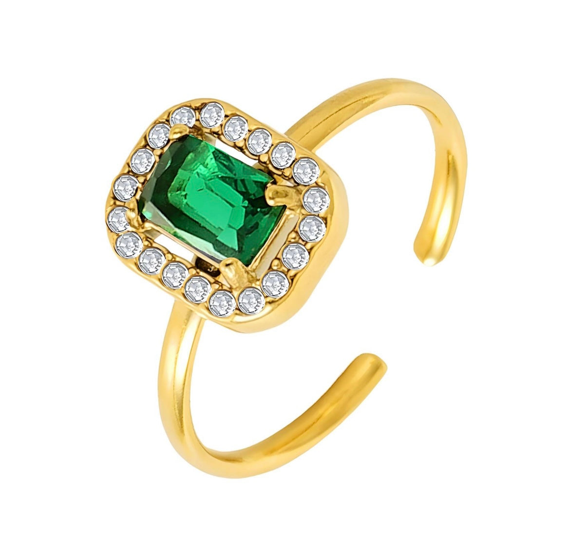 Elegant imitation emerald green ring inlaid with cubic zirconia stones. Adjustable fit. Code 89186
